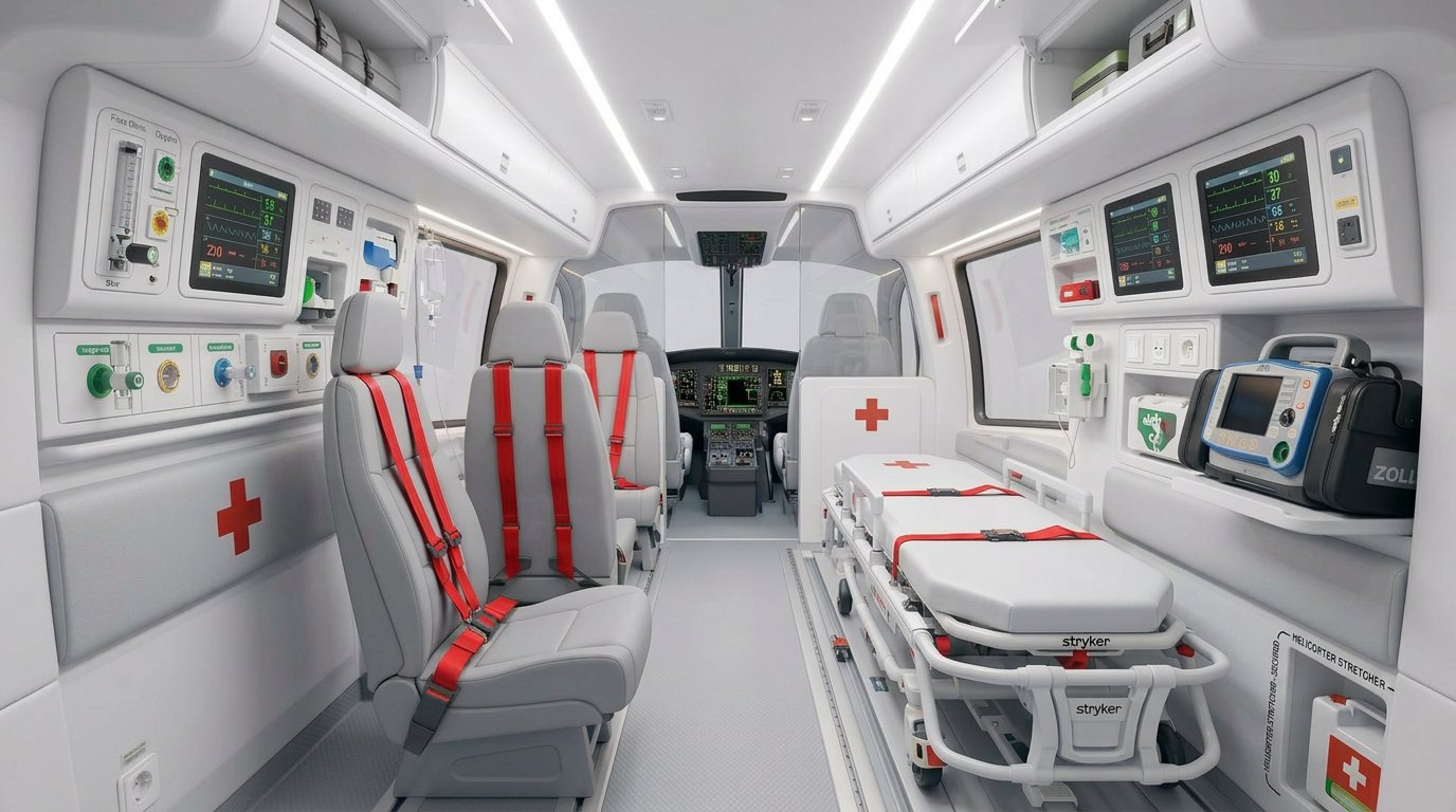 Critical-care cabin of the Avectra 101 air ambulance aircraft in flight