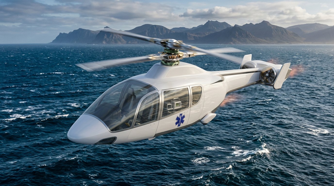 Next-generation air ambulance helicopter in flight along a coastline