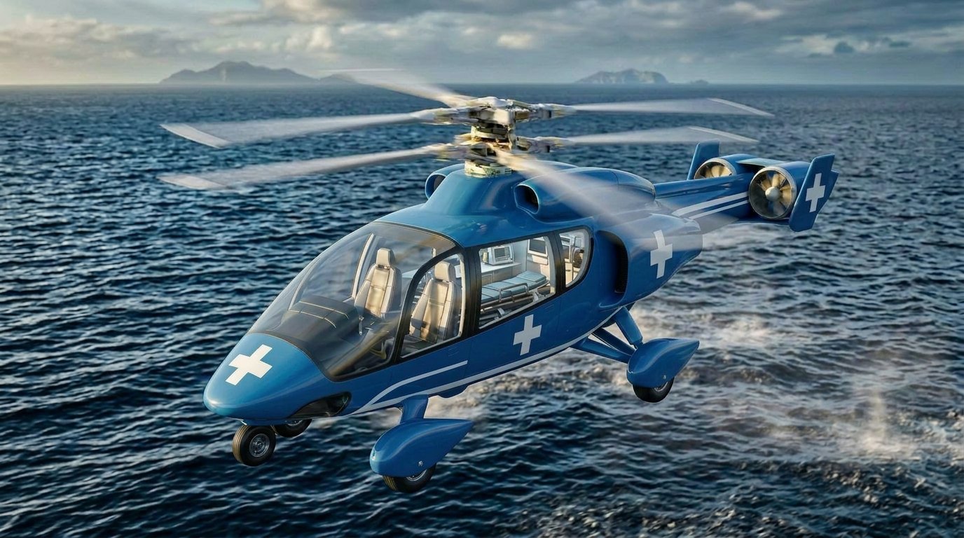 Hybrid gyroplane-helicopter air ambulance flying over open sea